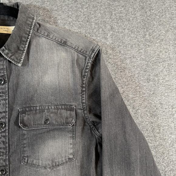 AllSaints Denim Shirt Mens XS Corduroy Collar Gray Flap Pockets Nice Fade - Picture 8 of 14